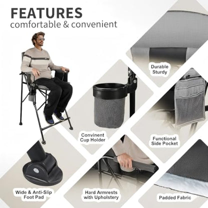 LANMONTAIN 2 Pack Tall Folding Camping Chairs,30.7'' Seat Height Portable Hard Arm Bar Chairs w/Cup Holder,Side Mesh Pocket and Footrest,Heavy Duty Support 350 Lbs Comfy Director Chairs,Black&Grey - color: Black&grey 2 Pack