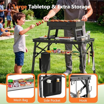 Folding Grill Table for Outside, 3 Height Adjustable Small Camping Table with Mesh Bag, Metal Aluminum Folding Table, 23.62 x 15.75 inches, Portable Grill Stand for Picnic, Camping, BBQ, Beach, Black - size: 23.62 x 15.75 x 27.56 inch