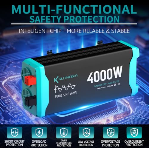 4000W Pure Sine Wave Inverter Peak 8000w 12V DC to 120V AC for RV, Truck, Off-Grid, Home, Solar Car Power Inverter with Dual AC Hardwire Port, 20A Socket, 5V 2.1A USB - size: Pure sine 4000w