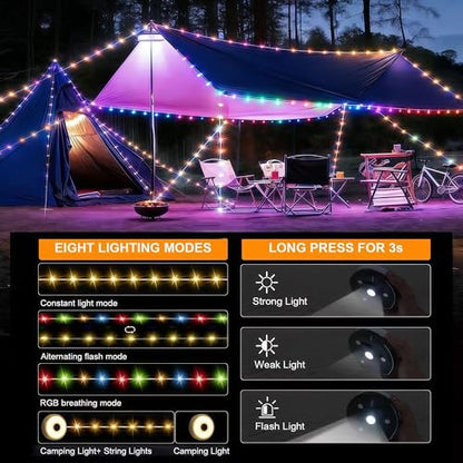 Camping String Lights Rechargeable, 32.8ft Retractable String Lights, Waterproof Indoor/Outdoor Use, 8 Modes, 4-in-1 Quick Storage Portable Lamp, Suitable for Camping, RVs, Parties, Christmas - size: 1