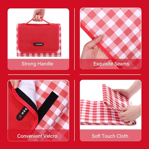HX&OD Picnic Blanket Outdoor Extra Large Picnic Mat 80"X60" Camping Blanket Beach Blanket Foldable Waterproof Sand Mat Hiking Travel Family Concerts(Red) - color: Red, size: 80”x 60”