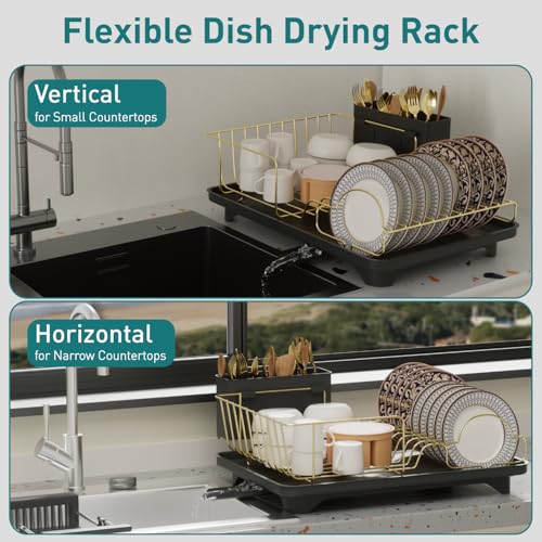 Buruis Dish Drying Rack for Kitchen Countertop, Large Capacity Gold Stainless Steel Dish Drainer with Anti-Slip Rubber Feet, Removable Drain Board and Utensil Holder (Black Tray) - color: Black Drainer
