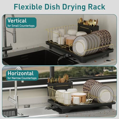 Buruis Dish Drying Rack for Kitchen Countertop, Large Capacity Gold Stainless Steel Dish Drainer with Anti-Slip Rubber Feet, Removable Drain Board and Utensil Holder (Black Tray) - color: Black Drainer