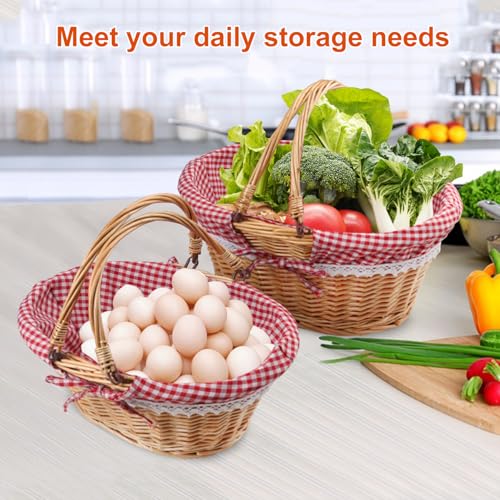 GNIEMCKIN 2 Pack 14 & 12.6 Inch Wicker Basket with Handle, Wicker Picnic Baskets with Checkered Liner, Oval Willow Woven Basket for Fruit, Wine, Wedding, Picnic - size: 2 Pack 14 & 12.6 Inch