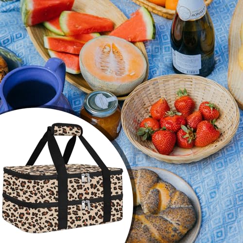 esouler Double Insulated Casserole Carrier Bag Hot & Cold Food Carrier Bag Lasagna Holder Lunch Bag for Picnics, Parties, Travel, Fits 9 x 13 Inches Casserole Dish-Leopard - color: Leopard, size: 16x10x7.2 in