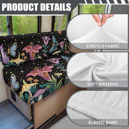 Butterfly Tulip Floral Mushroom Starry Pattern RV Dinette Cushion Covers Stretch Sofa Seat Slipcovers Replacement Camper Cushions Cover for RV Camper 2Pcs Backrest & Bench Cover, 2 Sets - color: Butterfly Tulip Floral Mushroom Starry