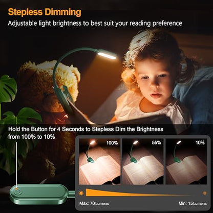 Gritin 16 LED Rechargeable Book Light for Reading in Bed- Eye Caring 3 Color Temperatures, Stepless Dimming Brightness, 80 Hrs Runtime, Lightweight Flexible Clip on Light for Book Lovers-Green | Eye Caring 3 Color Temperatures, Stepless Dimming Brightness