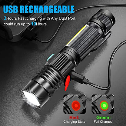 Hoxida USB Rechargeable Flashlight, Magnetic LED Flashlight, Super Bright LED Tactical Flashlight with Cob Worklight,Waterproof,Zoomable Small LED Flashlight for Camping, Flashlight with Holsters - color: 2pack flashlight with holster