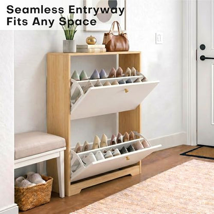 Nicetree Shoe Cabinet with 2 Flip Drawers, Narrow Shoe Organizer Cabinet, Freestanding Shoe Rack Cabinet, Modern Shoe Storage Cabinet for Entryway, Hallway, Foyer, Natural Oak and White - color: Natural Oak and White, style: 2-Drawers