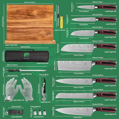 FULLHI 15pcs Japanese Knife Set with Magnetic Knife Block Holder, Japan Stainless Steel Blades, Ergonomic Handles for Professional and Home Cooking（Coffee wood, Magnetic Block Knife Set) - color: Coffee wood, size: Magnetic Block Knife set