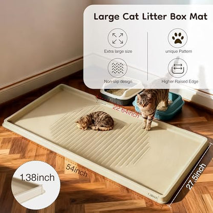 ISSEVE Cat Litter Mat 54" x 27.5" XXL, Extra Large Silicone Mat for Litter Box, 1.38" Raised Edge Waterproof Litter Trapping Mat Pad for Scatter Control, Soft on Kitty Paws, Protect Floor (Beige) - color: Beige