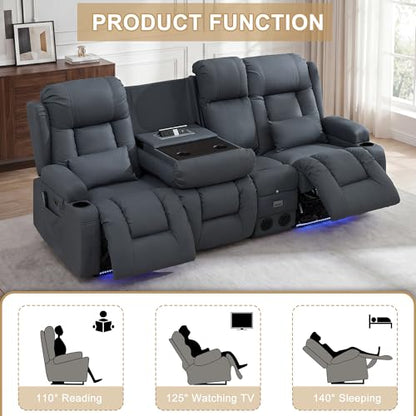 URRED Power Loveseat Recliner Sofa with Massage and Heat, Wall Hugger Reclining Loveseat with Console, RV Couch Home Theater Seating with LED Lights for Living Room (Blue Grey, 89.8" - 3 Seats) - color: Blue Grey, size: 89.8" - 3 Seats