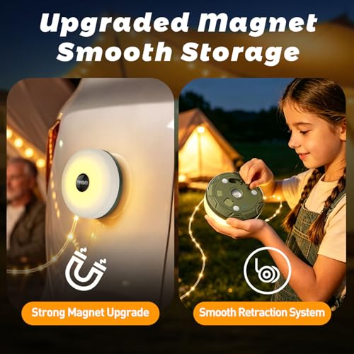 Camping String Lights Rechargeable, 32.8ft Retractable String Lights, Waterproof Indoor/Outdoor Use, 8 Modes, 4-in-1 Quick Storage Portable Lamp, Suitable for Camping, RVs, Parties, Christmas - size: 1