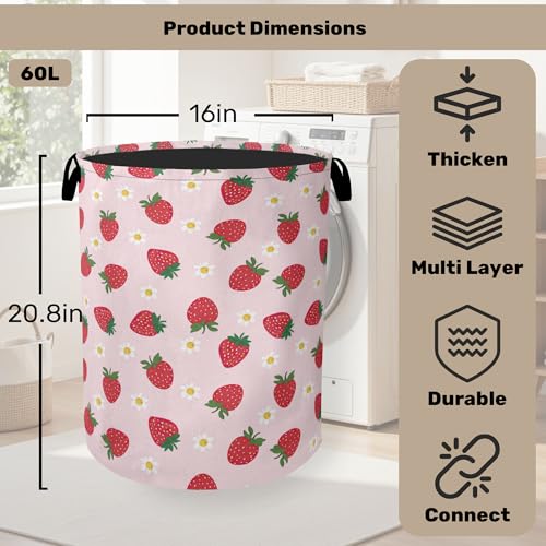 Cute Pink Strawberry Laundry Basket, Extra Large Foldable Hamper for Bathroom/Laundry/Bedroom/Dorm, Washable Fabric Storage Bin with Handle - color: Cute Pink Strawberry