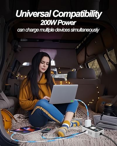YSOLX 200W Car Power Inverter 12V to 110V for Vehicles, Car Plug Adapter Outlet with 4 USB Fast Charger, Car Charger Cigarette Lighter Adapter for Phone, Laptop on Road Trip - size: 200W