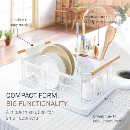 YAMAZAKI Home Dish Drying Rack – Modern White Dish Rack for Kitchen Counter with Removable Drying Tray and Cutlery Holder, Steel + Wood Dish Drying Organizer - Steel + Wood -