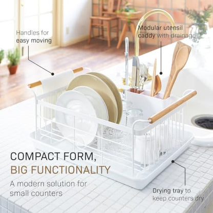 YAMAZAKI Home Dish Drying Rack – Modern White Dish Rack for Kitchen Counter with Removable Drying Tray and Cutlery Holder, Steel + Wood Dish Drying Organizer - Steel + Wood -