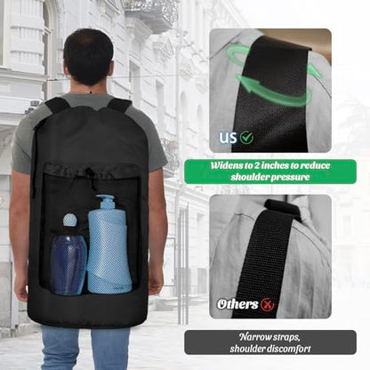 Laundry Bag Backpack Large Travel Laundry Backpack with Adjustable Shoulder Straps Portable Hamper Bag for College, Dorm, Apartment Camp(Black)