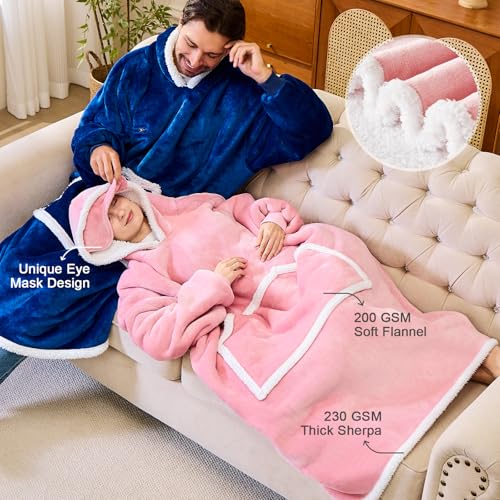 IFNOW Wearable Blanket Hoodie, Oversized Sherpa Fleece Hooded Sweatshirt with Eye Mask, Cozy and Giant Blanket Hoodie with Sleeves Extra Long for Adults Men Women, Navyblue - color: Navyblue, size: Adult