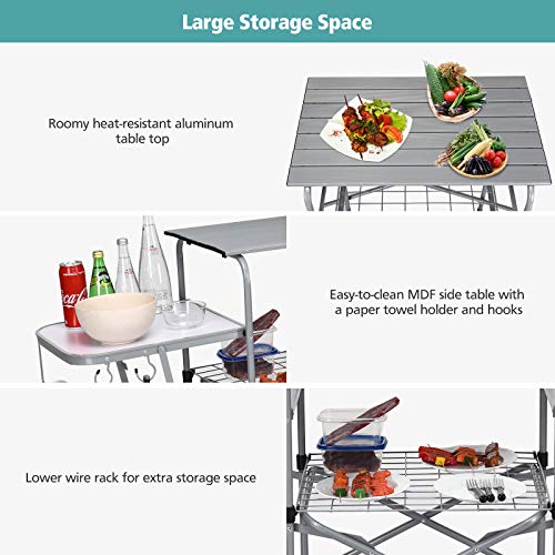 Goplus Folding Grill Table, Aluminum Camping Table with 26'' Main Tabletop, Hooks and Carry Bag, Portable Picnic Table Grill Stand for Outdoor Tailgating BBQ Beach Backyard RV