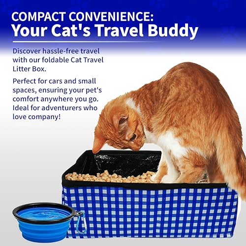 Pet Fit For Life - Vibrant Collapsible Travel Cat Litter Box - Portable, Foldable, Compact Design with Bonus Water Bowl - Ideal for Car & Camping - Reusable, Cats Safe - Blue, (16"x12"x5") - color: Blue