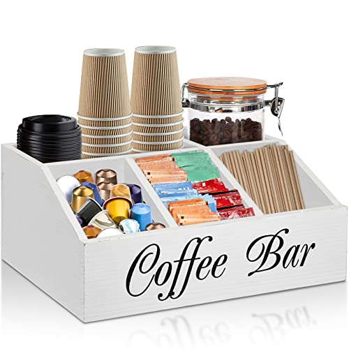 Coffee Station Organizer for Counter, Wood Coffee Pods Holder Storage Basket, Tea Condiment Storage Organizer, Rustic Wood Bar Decor for Accessories - color: White