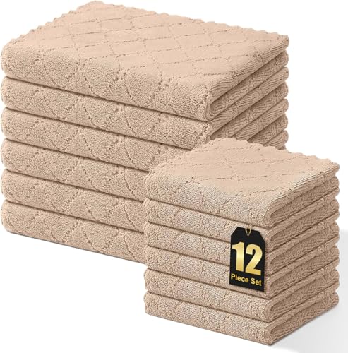 Homaxy Kitchen Towels and Dishcloths Set, 10 x 10 and 13 x 19 Inches, Set of 12 Super Soft and Absorbent Coral Velvet Kitchen Towels, No Lint and Nonstick Oil Fast Drying Dish Towel, Tan - color: Tan, size: 10x10 and 13x19 Inch-12 Pack