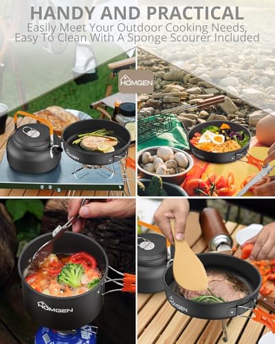 HOMGEN Portable Camp Cooking Set-Ultralight Anodized Aluminum Camping Cookware Set for 2 People with Nesting Non-Stick Frying Pot/Pan-800ml Insulated Teapot etc-Compact Backpacking Gear for Camping