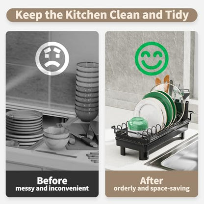 SanDream Dish Drying Rack, Small Over Sink Dish Drying Rack, Expandable Over the Sink Dish Drying Rack with Drip Tray for Kitchen Counter & in Sink - color: Deepblack