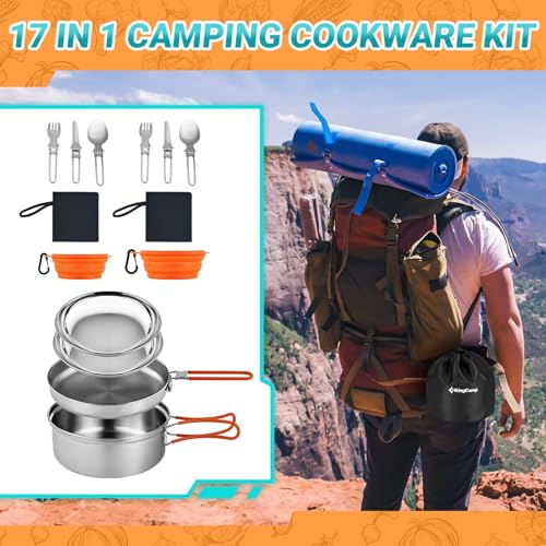 KingCamp 17/25pcs Stainless Steel Camping Cookware Mess Kit Camping Cooking Set Backpacking Gear Lightweight Pots and Pans Set for Camping Hiking Picnic