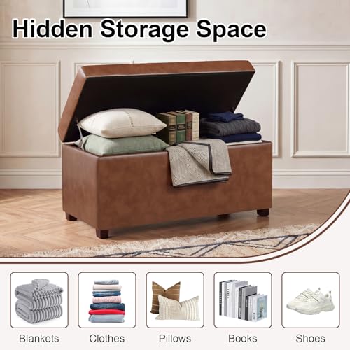Asense Storage Ottoman Bench,Faux Leather Upholstered Ottoman with Storage,End of Bed Bench with Safety Hinge Wooden Legs,for Entryway,Bedroom,Living Room - color: 37" Faux Leather Tan Brown