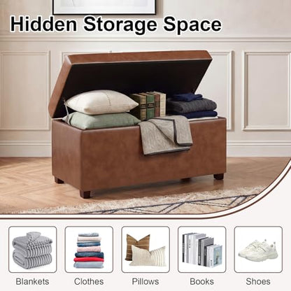 Asense Storage Ottoman Bench,Faux Leather Upholstered Ottoman with Storage,End of Bed Bench with Safety Hinge Wooden Legs,for Entryway,Bedroom,Living Room - color: 37" Faux Leather Tan Brown