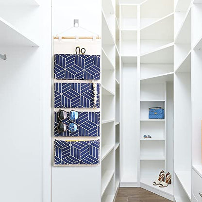 CROWNED 2Pcs Over Door Hanging Storage Bags Wall Mount Closet Organizer, 4 Big Pockets Linen Cotton Fabric Multi Functional Living Room Bedroom Bathroom File Magazine Waterproof Free Hooks Navy - color: Navy