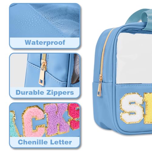 Snack Bags Chenille Letter Patch Clear Bag Snacks Bag for Travel, Preppy Cosmetic Bag Snacks Pouch with Zipper, Toiletry Bag for Traveling women, Clear Travel Bags for Toiletries (Blue-Snack) - color: Blue-Snack