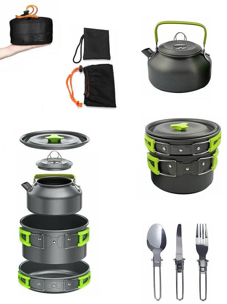 8Pcs Set Camp Cookware Camping Cooking Portable Mess Kit Backpacking Gear Non-Stick Pot Kettle Camping Pots and Pans Chopping Board Folding Tableware for Camping Hiking Picnic