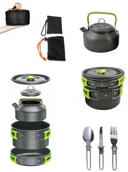 8Pcs Set Camp Cookware Camping Cooking Portable Mess Kit Backpacking Gear Non-Stick Pot Kettle Camping Pots and Pans Chopping Board Folding Tableware for Camping Hiking Picnic