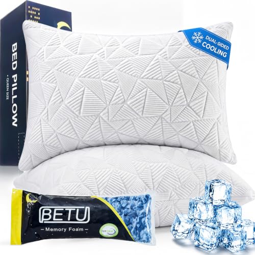 BETU Enhanced Cooling Pillows Queen Size Set of 2, Shredded Memory Foam Cool Pillow for Hot Sleepers, Two Side Cool Adjustable Firm Soft Support Bed Pillows Perfect for Side Back Stomach Sleeper,White - color: White(coolest), size: Queen Size Pack of 2