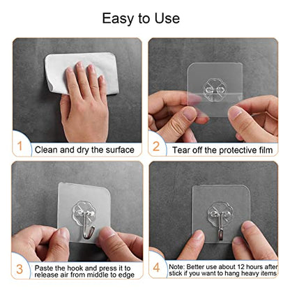 Adove Adhesive Hooks for Hanging, Heavy Duty Wall Hooks 20 Pack, Removable Sticky Ceiling Hooks, Transparent Self Adhesive Shower Hooks, Water & Oil Proof Strong 22lb(Max) Door Coat Hooks