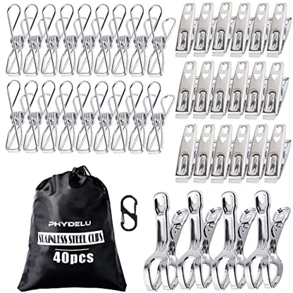 (40 PCS) Stainless Steel Clothes Pins Heavy Duty Outdoor, Mini Laundry Clothespins, Small Metal Bag Chip Clips, Food Packages, Clothesline Sock Snack Clips, PHYDELU - size: 40pcs small size Clothes Pins