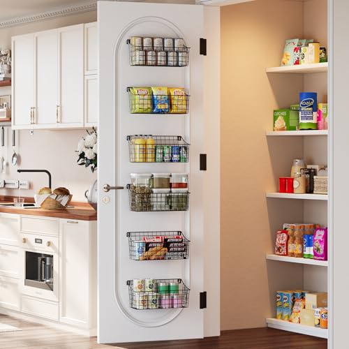Sonyabecca 6 Pack Hanging Wall Basket for Organizing, Large Wire Basket for Storage Pantry with 5 S Hook+6 Adhesive Hook, Wall Mounted Shelf for Kitchen Bathroom - size: 13"L x 6.3"W x 6.02"H-6Pack