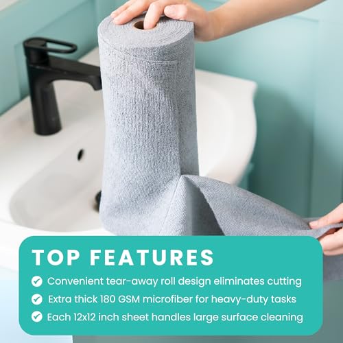 Microfiber Cleaning Cloth Roll Tearaway, 50 PCS Tear Away Towels, Reusable & Washable, Ultra Absorbent 12" x 12" Dish Rags for Car, Home, Kitchen, , 180 GSM Thickness, Paper Towel Alternative - color: Grey With Hanging Hooks