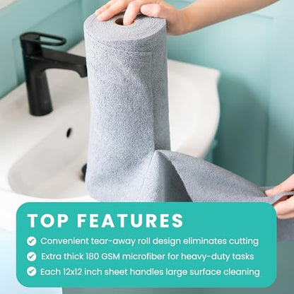 Microfiber Cleaning Cloth Roll Tearaway, 50 PCS Tear Away Towels, Reusable & Washable, Ultra Absorbent 12" x 12" Dish Rags for Car, Home, Kitchen, , 180 GSM Thickness, Paper Towel Alternative - color: Grey With Hanging Hooks