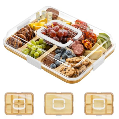 SpaceAid Charcuterie Board with Clear Lid, Portable Travel Cheese Cutting Boards for Picnic Accessories, Bamboo Serving Tray with Lids, House Warming Gifts, White Handles, 8 Compartments - color: White Handles, 8 Compartment
