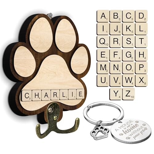 Dog Leash Holder for Wall Mount with Scrabble Letters, Wooden Paw Print Wall Hook, Pet Collar and Harness Organizer for Entryway, Key Hook for Pet Lovers & Dog Owners, Home Decor PF283 - color: Style 3, size: 7.8″ x 5.5"