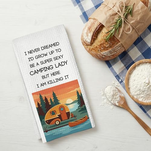 Camping Kitchen Towels 16x24 Waffle Weave, I Never Dreamed I’d Grow Up to Be a Super Sexy Camping Lady Dish Towels, Camp RV Gifts for Women, Gifts for Campers -A05 - color: Camping_05