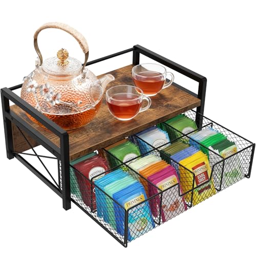 Tea Bag Organizer, Wooden Tea Organizers and Storage Box with Drawer, Teabag Holder and Display Caddy for Countertop, Tea Station Chest Organizer (Rustic Brown) - color: Rustic Brown