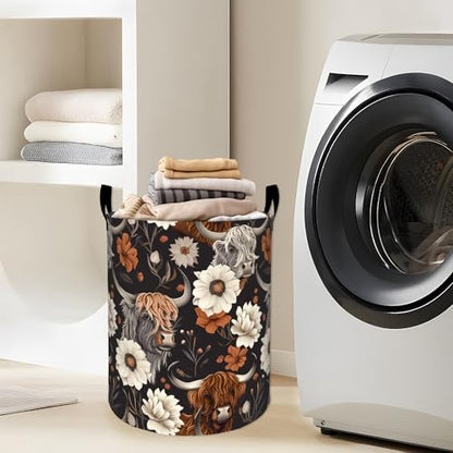 Cute Highland Cow and Flowers Laundry Basket with Handles, 19.7"x15.7" Clothes Foldable Laundry Hamper Organizer for Dorm Nursery Bedroom Bathroom Decor, Toy Storage Bin for Kids - style: Highland Cow09