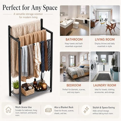 Freestanding Towel Rack, 3 Tier Blanket Ladder Stand with Oak Grey Wooden Shelf for Bathroom Living Room (31.5" H x 16.9" W x7.9 D) - color: Oak Grey, size: 31.5"H x 16.9"W x7.9"D