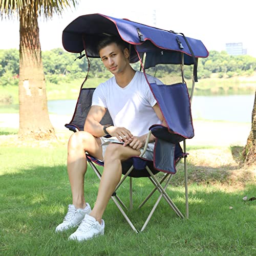 Camping Chair with Canopy - Beach Chair with Shade for Outdoor Use, Adjustable Sunshade, Cup Holder, Side Pockets - Heavy Duty Folding Chair Supports 330 lbs (Navy) - color: Navy