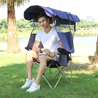 Camping Chair with Canopy - Beach Chair with Shade for Outdoor Use, Adjustable Sunshade, Cup Holder, Side Pockets - Heavy Duty Folding Chair Supports 330 lbs (Navy) - color: Navy